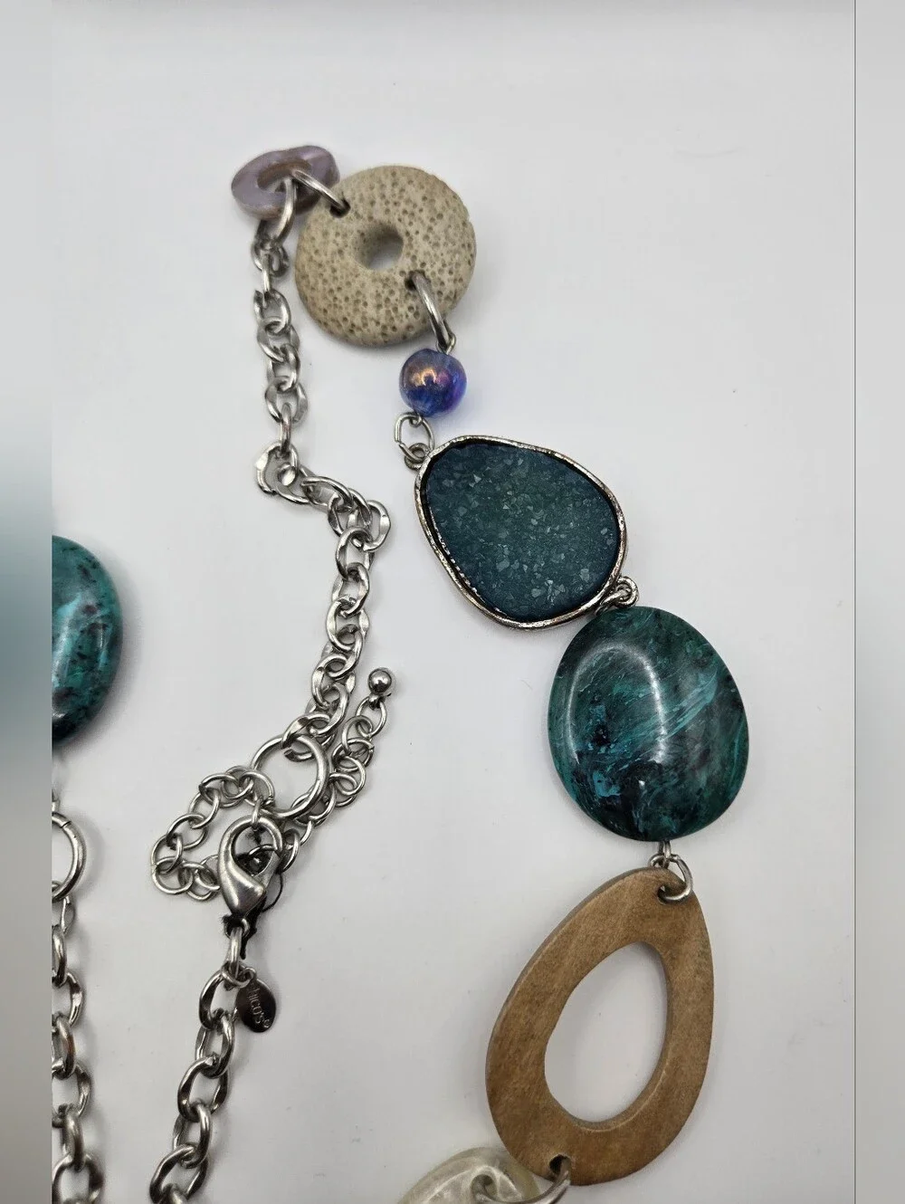Chico's Teal Wood Silver Mixed Media Necklace Druzy Labradorite Turquoise READ